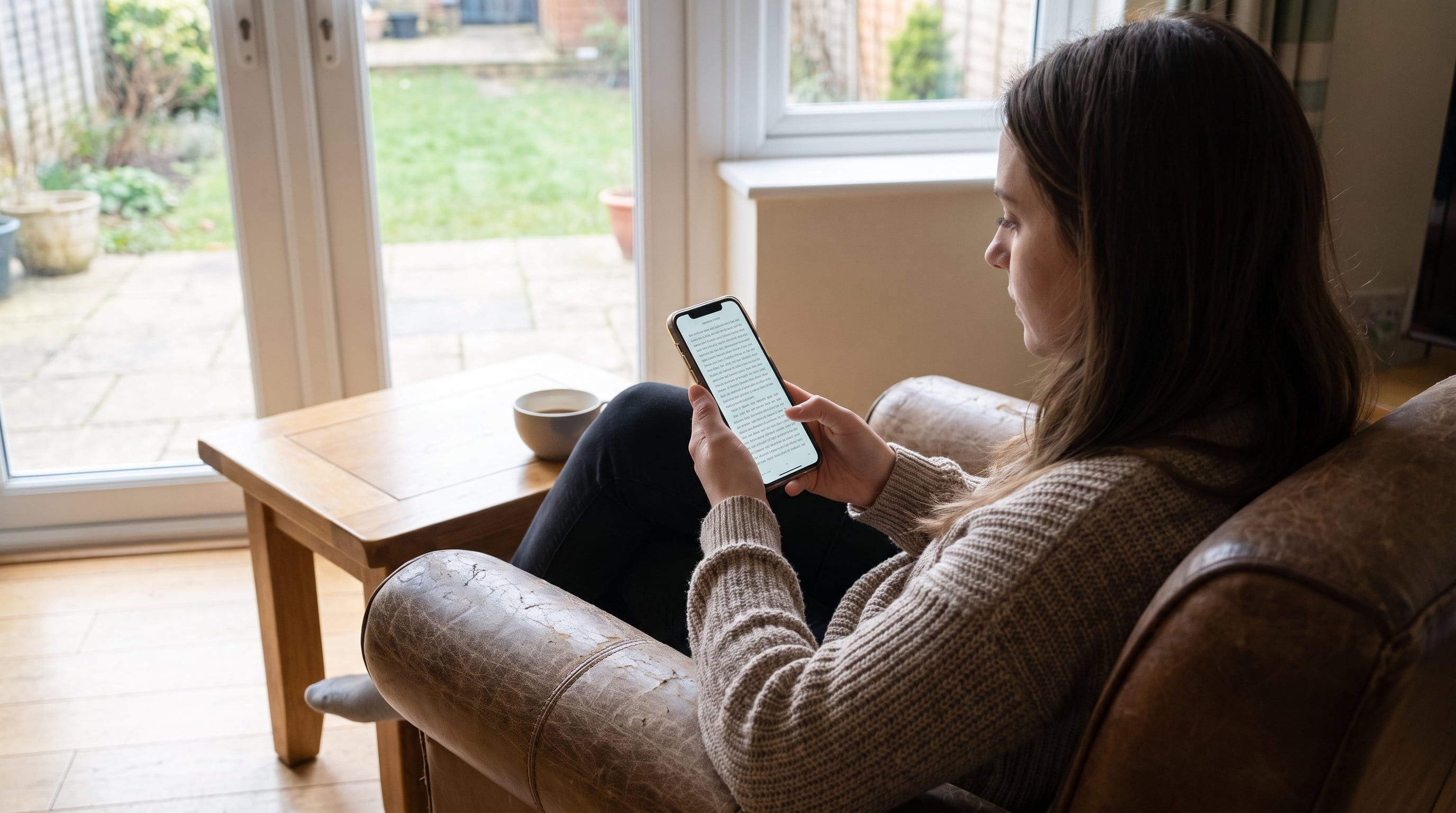 Una mujer lee un libro descargado en su teléfono móvil mientras está sentada en un sillón junto a una ventana con vista a un jardín. (Imagen Ilustrativa Infobae)