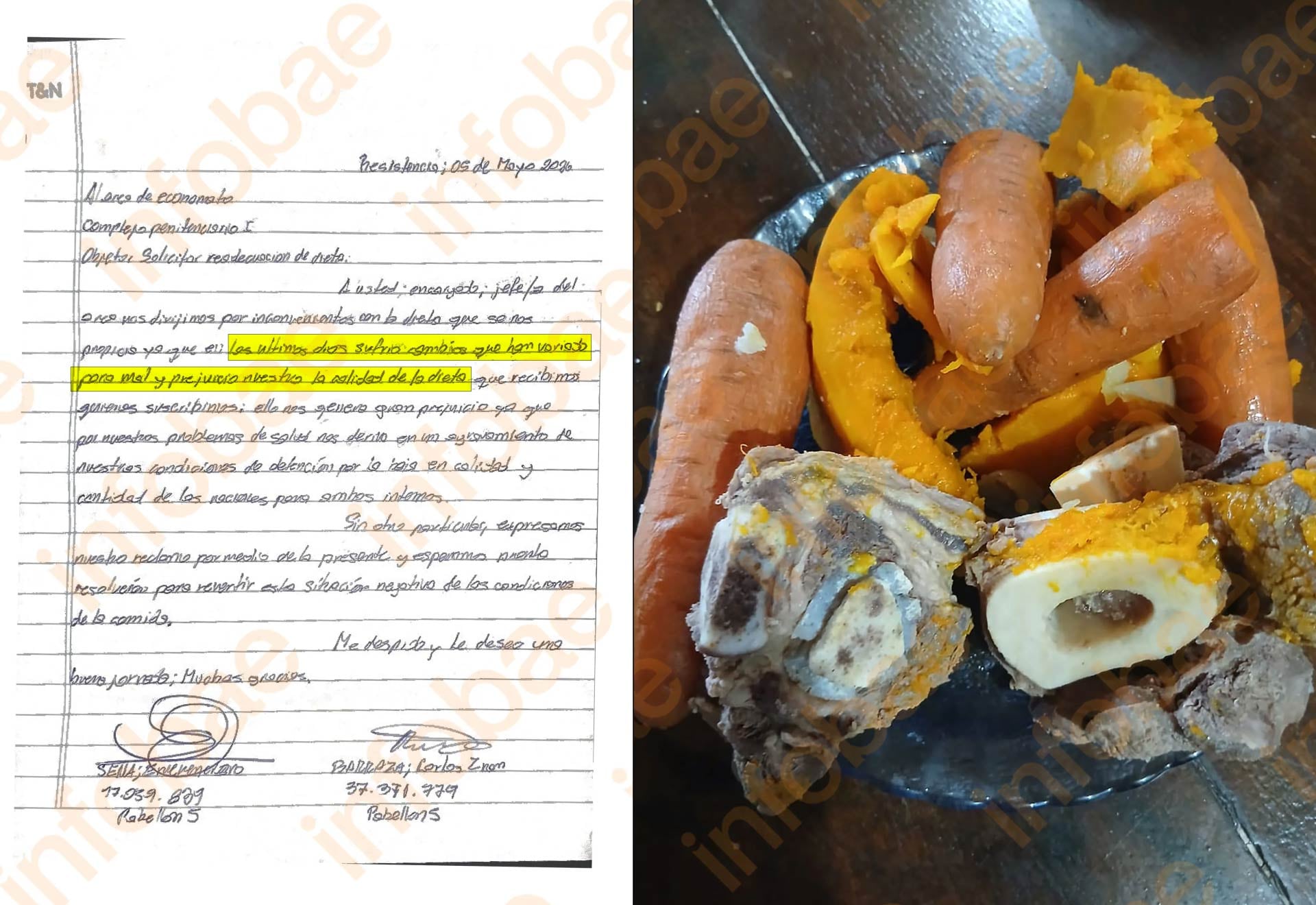 Emerenciano Sena y su compañero de celda Carlos Barraza denunciaron el deterioro de la calidad de la comida que reciben en el penal