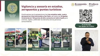 Infografía de Profeco sobre su estrategia para el Mundial 2026, mostrando equipos en módulos de atención en tres ciudades mexicanas y un intérprete de señas
