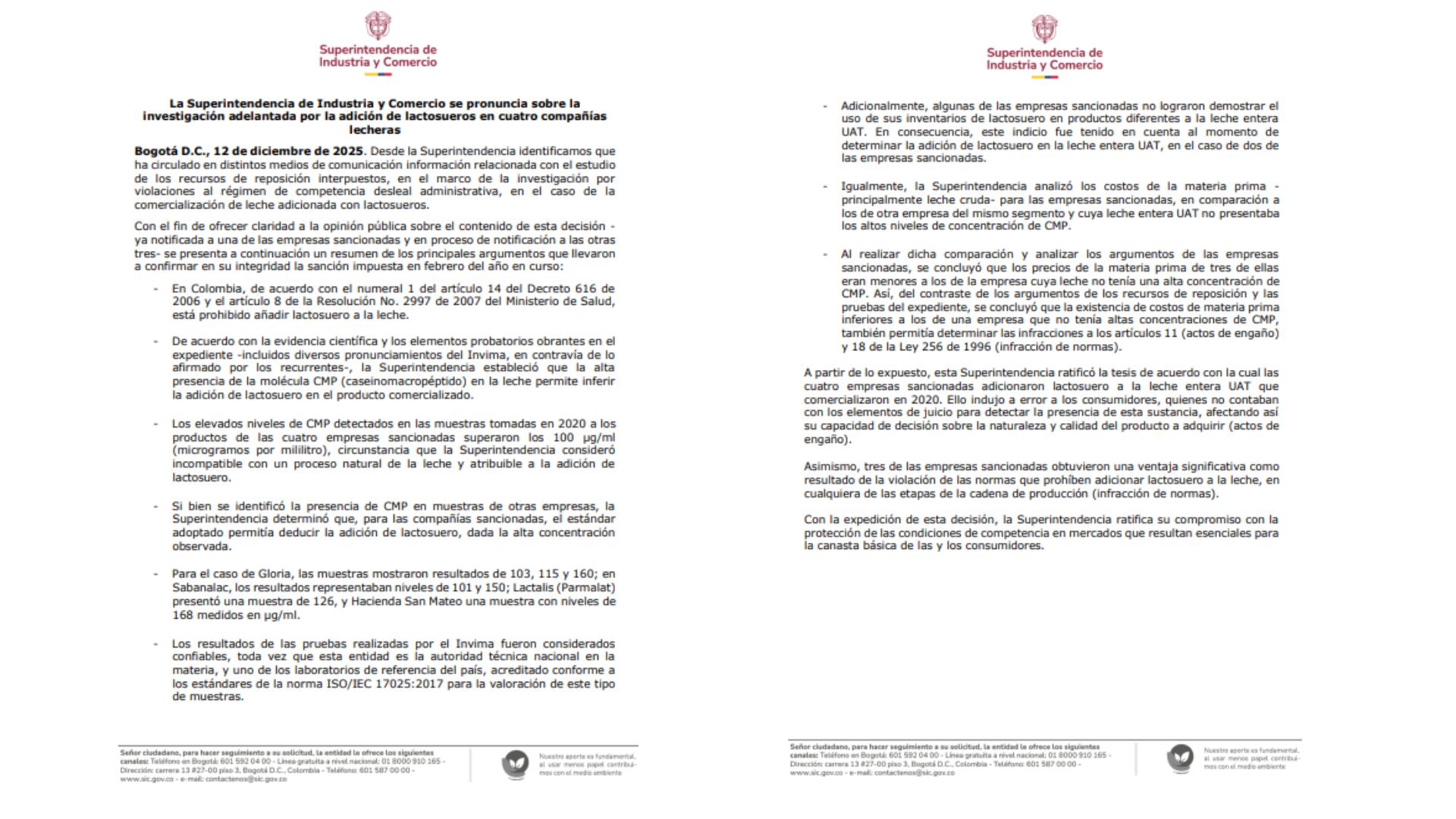 Comunicado oficial de la SIC sobre sanciones a empresas que adicionaron lactosuero no permitido a sus productos - crédito SIC