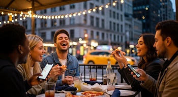 Seis jóvenes ríen y comen pizza y bebidas en una mesa al aire libre por la noche, con luces de guirnalda y edificios de Nueva York al fondo.