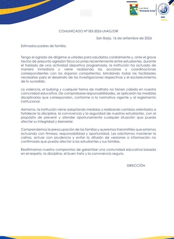 Documento impreso con membrete del Liceo Naval Almirante Guise que contiene el comunicado número 183-2026 dirigido a los padres de familia
