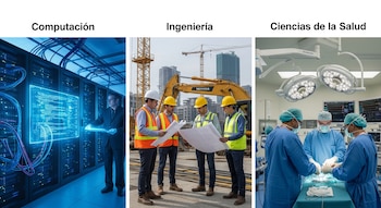 Un collage de tres imágenes: un hombre en un centro de datos, ingenieros en una obra de construcción y un equipo de cirujanos en un quirófano.