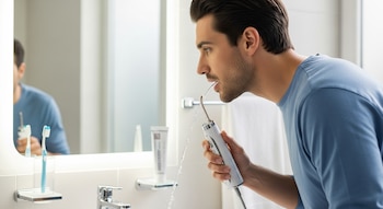 Un hombre con camiseta azul de perfil, utilizando un irrigador dental blanco para limpiar sus dientes. El agua sale de la boquilla hacia su boca y el lavabo.