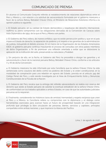 Documento oficial con el título Comunicado de Prensa y el logo del Gobierno del Perú, que incluye el texto Ministerio de Relaciones Exteriores
