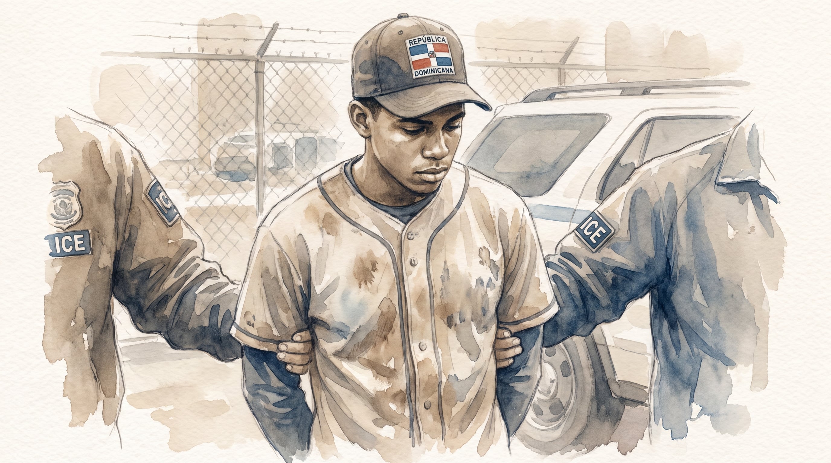 Un joven beisbolista dominicano es sujetado por dos agentes de inmigración y control de aduanas de Estados Unidos frente a una valla. (Imagen Ilustrativa Infobae)
