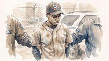 Acuarela de joven con gorra de República Dominicana y uniforme de béisbol, sujetado por dos agentes de ICE. Fondo con valla y vehículo.
