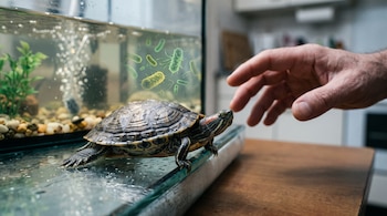 Una tortuga sobre el borde de un acuario de cristal y una mano humana que se acerca, junto con gráficos de bacterias en el agua.