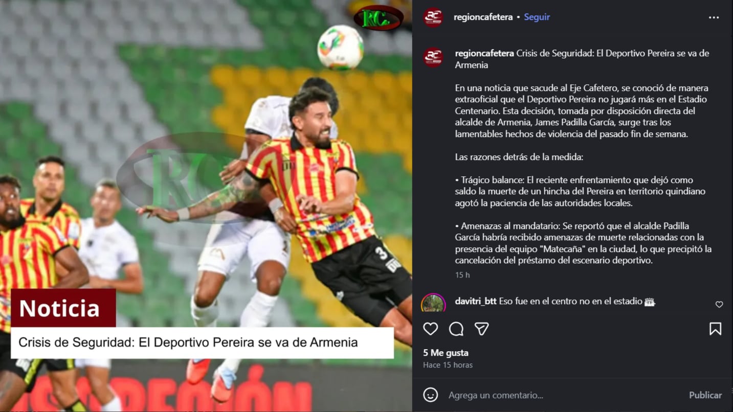 El portal informativo confirmó la posible negativa de prestar más el estadio al cuadro Matecaña - crédito @regioncafetera / Instagram