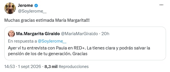 La actriz felicitó a Jerome Sanabria por lo dicho sobre las pensiones - crédito @soyjerome/X