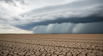 Un campo agrícola seco y agrietado ocupa el primer plano, mientras una nube de tormenta oscura con lluvia intensa domina el cielo distante.