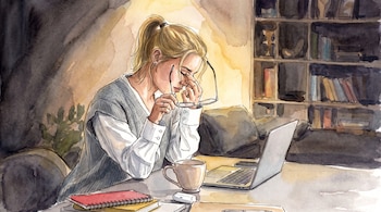 Ilustración en acuarela de una mujer en un escritorio con una computadora portátil, una taza, cuadernos y una estantería al fondo.