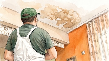 Ilustración de un hombre con gorra verde y mameluco blanco que mira una mancha de humedad en un techo.
