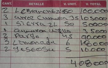 Factura del supuesto menú que