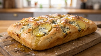 Una focaccia rectangular con rodajas de papa, queso derretido y hojas de romero sobre una tabla de madera.