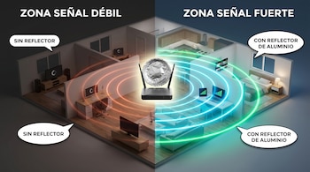 Ilustración 3D de una casa dividida. Un módem WiFi con reflector de aluminio muestra ondas de señal verde fuerte en un lado y ondas rojas débiles sin él.