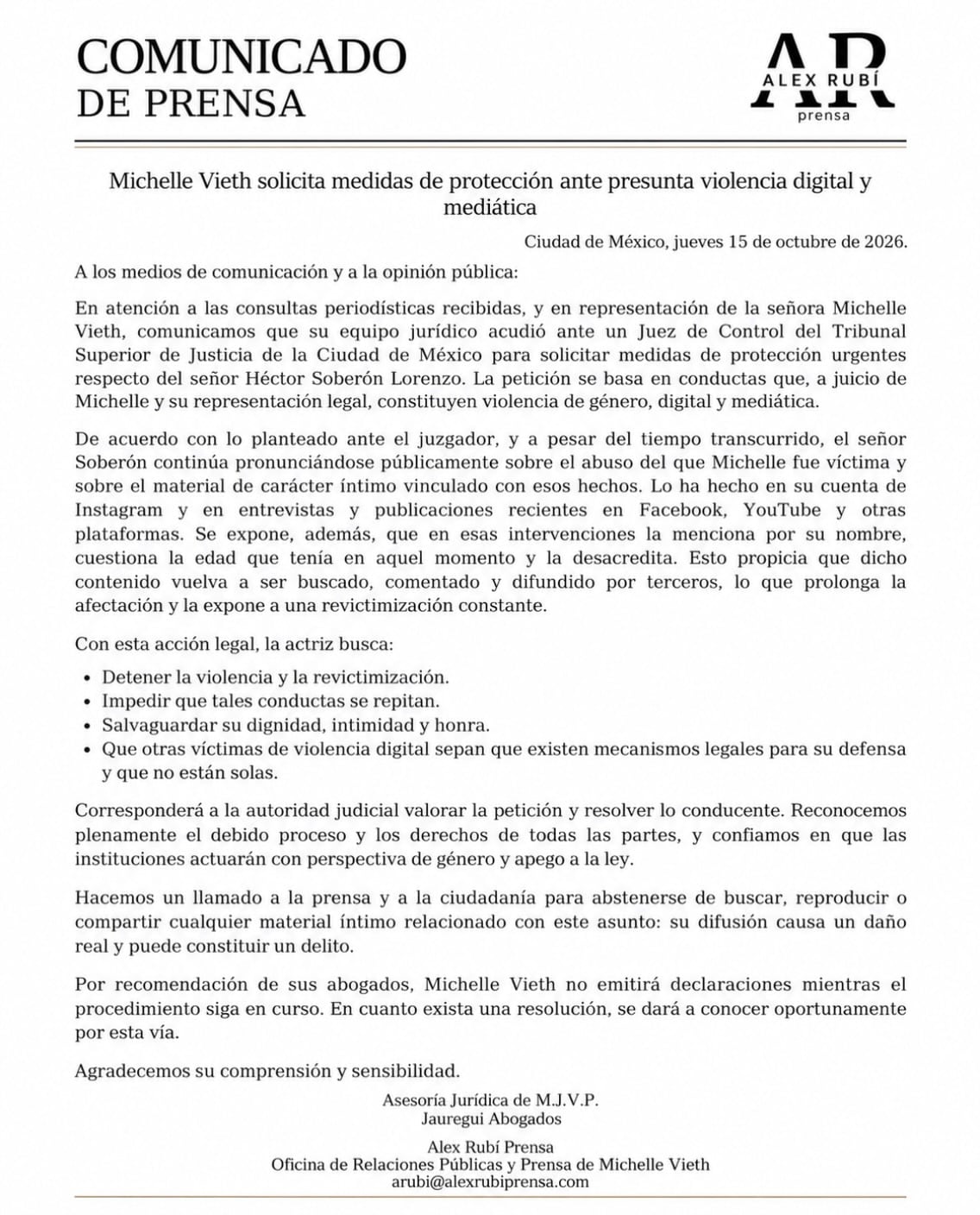 Comunicado difundido por la oficina de Alex Rubí Prensa, representante de medios de Vieth. (Instagram)