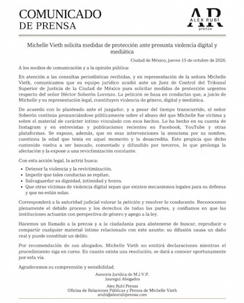 Comunicado difundido por la oficina de Alex Rubí Prensa, representante de medios de Vieth. (Instagram)