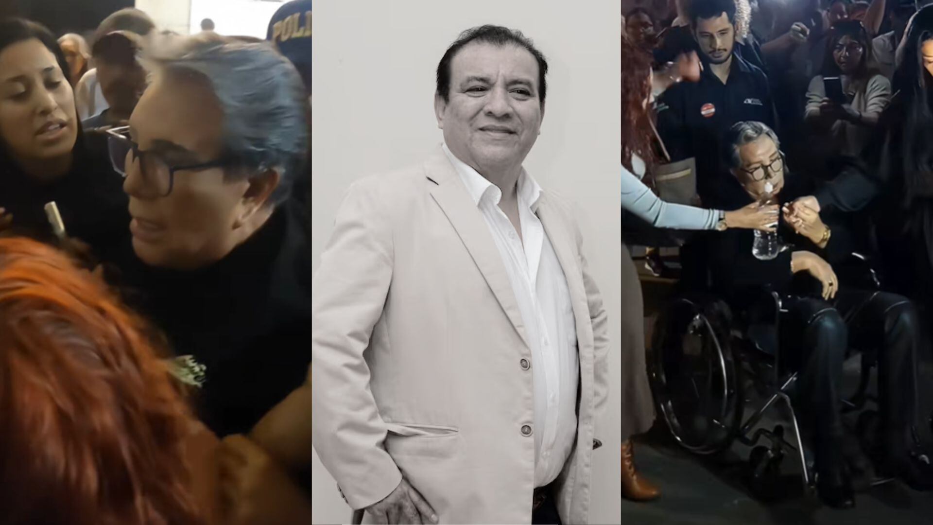 El cantante Jimmy Santi reacciona visiblemente afectado al no poder ingresar al velorio de Manolo Rojas, siendo finalmente trasladado en silla de ruedas en medio de la multitud. (TikTok)