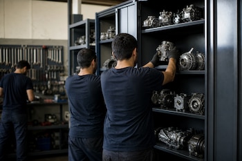 Tres hombres de espaldas guardan repuestos automotrices metálicos en estantes oscuros dentro de un taller.