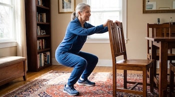 Mujer de cabello gris, vestida con ropa deportiva azul, realiza sentadillas usando el respaldo de una silla de madera en una sala con alfombra.
