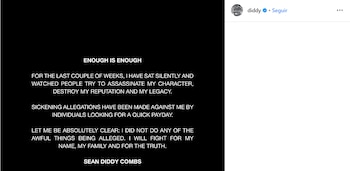 Comunicado emitido por Sean Combs