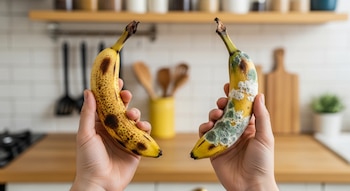 Primer plano de dos manos sosteniendo plátanos en una cocina. La mano izquierda sujeta un plátano maduro con manchas marrones; la derecha, uno con moho blanco y verde.