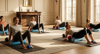 Seis mujeres realizan ejercicios de yoga miofascial sobre colchonetas en un estudio luminoso, utilizando rodillos de espuma y pelotas de masaje de colores.