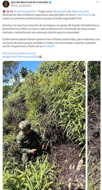 Ejército destruyó artefactos explosivos del ELN en Anorí y reforzó la seguridad en Antioquia - crédito @COL_EJERCITO/X