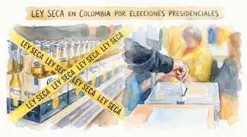 Ilustración acuarela de estantes con botellas de cerveza selladas con cinta amarilla "LEY SECA" a la izquierda, y una persona votando en una urna a la derecha.