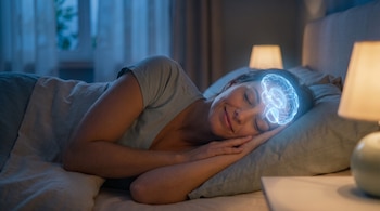 Mujer durmiendo plácidamente en una cama de noche, con el cerebro superpuesto digitalmente y destacado en color azul sobre su cabeza.