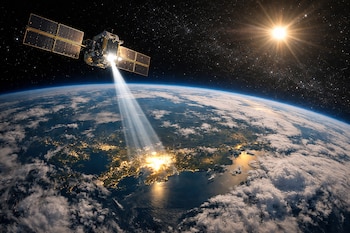 Un satélite con paneles solares refleja luz solar sobre el planeta Tierra. Hay nubes, luces urbanas y el sol visible en el espacio estrellado.