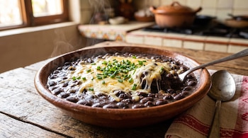Tazón de barro con frijoles negros, queso derretido y cebollín en una mesa de madera junto a una cuchara de metal.