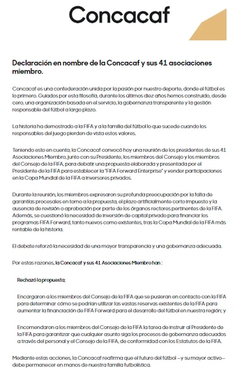 EL COMUNICADO DE CONCACAF SOBRE EL PLAN DE FIFA