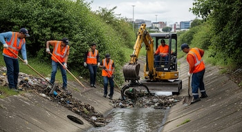 Trabajadores con chalecos naranjas limpian un drenaje de concreto con basura y agua. Usan palas, rastrillos y una excavadora amarilla para remover desechos.