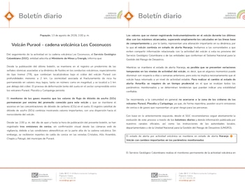 El Servicio Geológico Colombiano mantiene la alerta naranja en el volcán Puracé tras seis emisiones de ceniza y el aumento de gases y deformación del suelo - crédito SGC