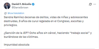 Daniel Briceño cuestionó sanciones de la JEP contra líderes de las Farc - crédito @Danielbricen/X