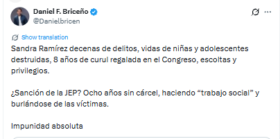 Daniel Briceño cuestionó sanciones de la JEP contra líderes de las Farc - crédito @Danielbricen/X
