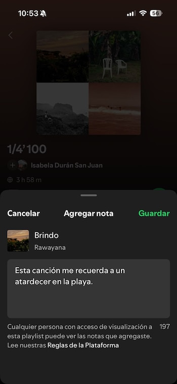 Pantalla de teléfono móvil con aplicación de música. Incluye hora, iconos de señal y batería, cuatro miniaturas, datos de playlist y sección para añadir una nota