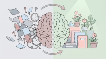 Ilustración de un cerebro dividido. La mitad izquierda muestra caos con papeles volando y relojes rotos; la derecha tiene libros apilados y plantas.