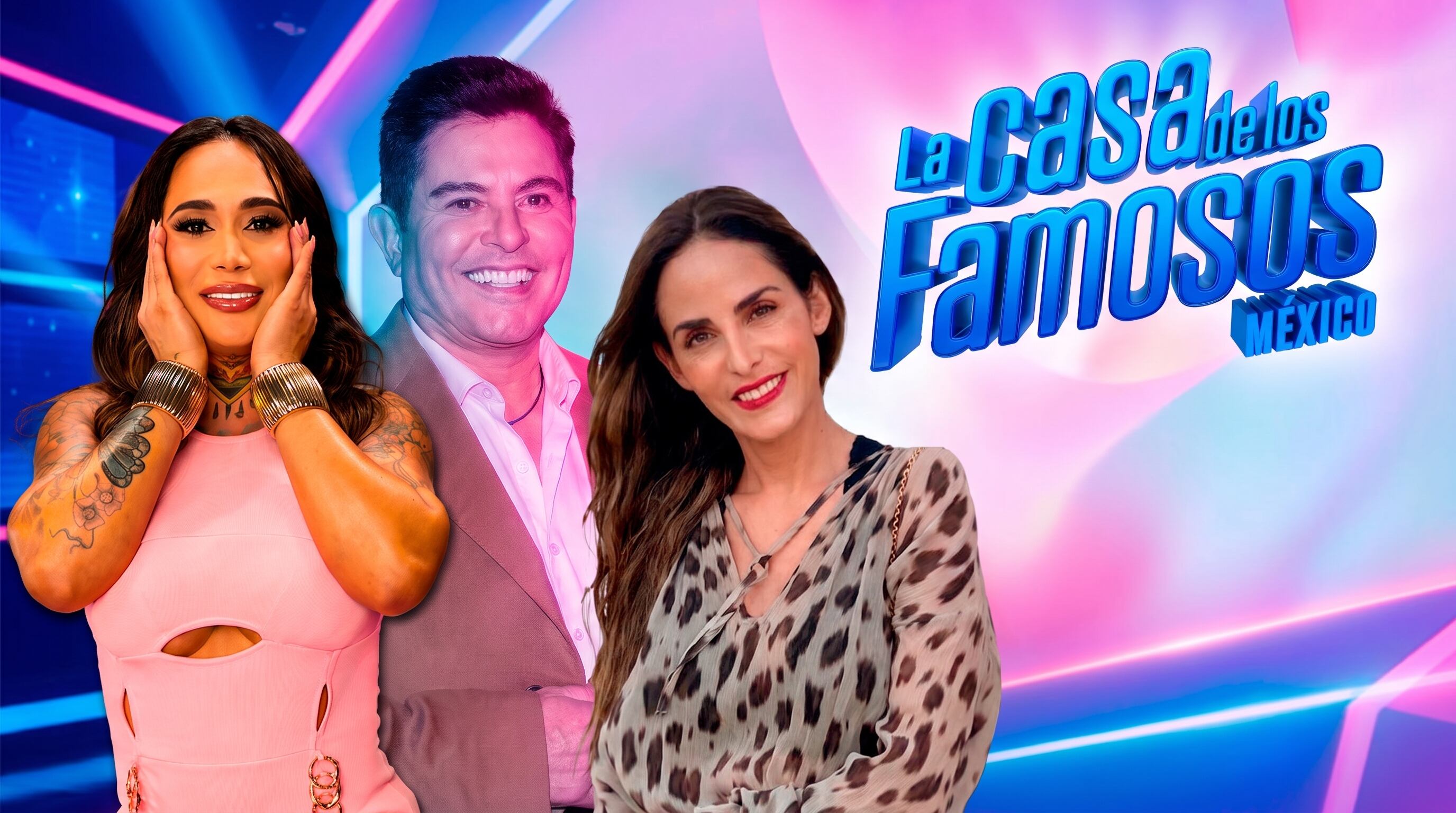 Tres personalidades del espectáculo posan sonrientes junto al logo de