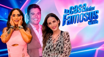 Tres personas sonrientes, dos mujeres y un hombre, junto al logo 3D de "La Casa de los Famosos México" sobre un fondo azul y rosa con líneas luminosas.