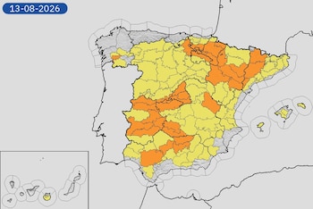 Mapa de alertas meteorológicas para este jueves, 13 de agosto de 2026. (Aemet)