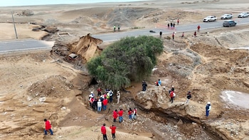 Carretera asfaltada con un tramo hundido y erosionado por un socavón; un carro sumergido, un árbol, personas y varios vehículos estacionados al borde