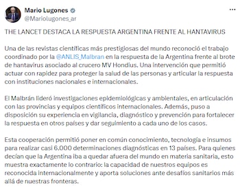 Captura de pantalla de una publicación en la red social X de la cuenta de Mario Lugones con texto sobre la revista The Lancet y el hantavirus