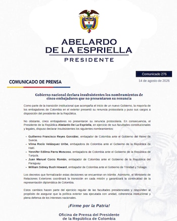 La decisión cobija a Guillermo Francisco Reyes González, embajador de Colombia ante el Gobierno del Reino de Suecia, y a Vilma Rocío Velásquez Uribe, embajadora de Colombia ante el Gobierno de la República de Haití, entre otros - crédito Prensa Abelardo de la Espriella