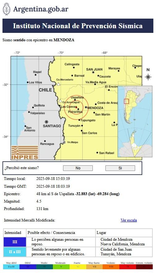La intensidad del sismo en Mendoza fue evaluada como débil en la escala de Mercalli, percibida solo por algunas personas en reposo