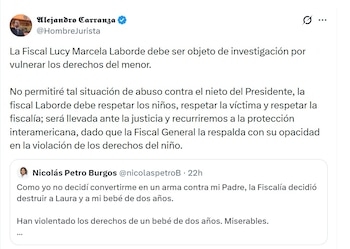 Alejandro Carranza, abogado de Nicolás Petro y del presidente Gustavo Petro, aseguró que acudirá a instancias nacionales e internacionales por una supuesta vulneración de derechos contra el menor Luka - crédito @HombreJurista/X