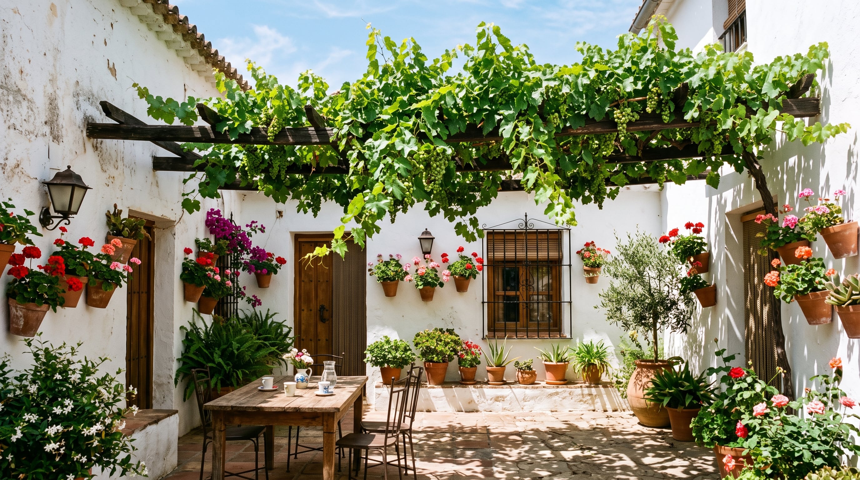 Una parra sobre una pérgola de madera proyecta sombra sobre el patio de una casa decorado con macetas y una mesa de madera. (Imagen Ilustrativa Infobae)