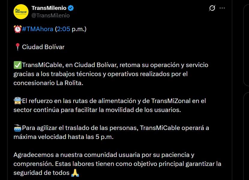 TransMiCable retomó operación en horas de la tarde y gracias al trabajo del operador, así como las rutas de contingencia para los usuarios afectados - crédito @TransMilenio/X